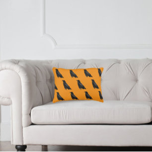 Black Raven Pattern on Orange Halloween Accent Pillow