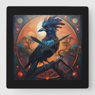 Black Raven Perched On A Gnarled Branch  Square Wall Clock