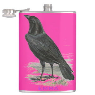 Black Raven Personalize Pink Name Flask