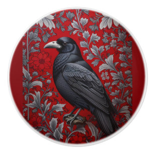 Black Raven Red Floral William Morris Inspired Ceramic Knob