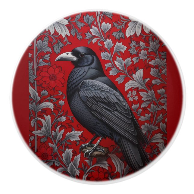 Black Raven Red Floral William Morris Inspired Ceramic Knob (Front)