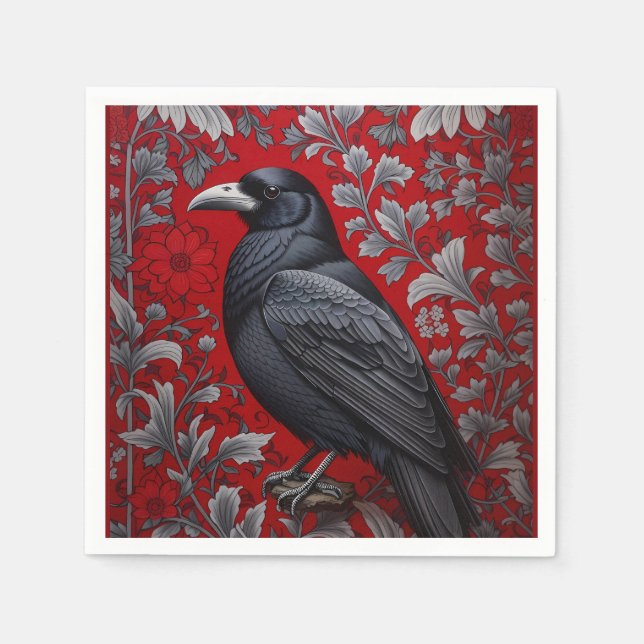 Black Raven Red Floral William Morris Inspired Napkin (Front)