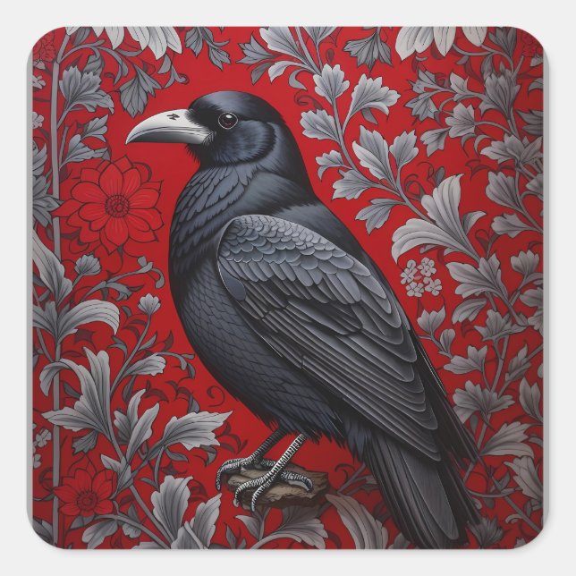 Black Raven Red Floral William Morris Inspired Square Sticker (Front)