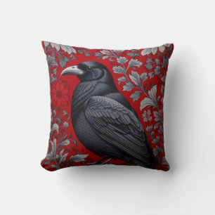 Black Raven Red Floral William Morris Inspired Throw Pillow