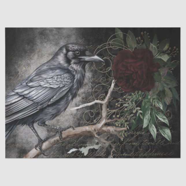 Black Raven Rose Whimsical Tissue Paper (Front)