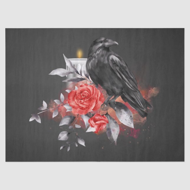 Black Raven Rose Whimsical Watercolor Decoupage Tissue Paper (Front)