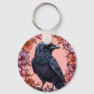 Black Raven Surrounded by Pink and Orange Flowers Keychain