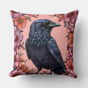 Black Raven Surrounded by Pink and Orange Flowers Throw Pillow