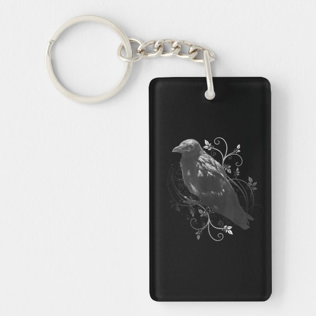 Black Raven With Filigree Leaves Odin Vikings Dark Keychain (Front)