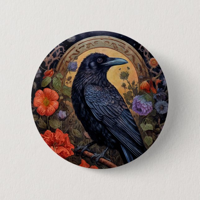 Black Raven with Flowers Gothic Design 2 Inch Round Button (Front)