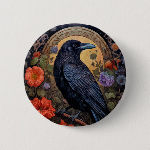 Black Raven with Flowers Gothic Design 2 Inch Round Button