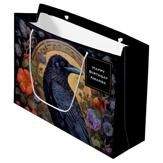 Black Raven with Flowers Gothic Design Birthday Large Gift Bag (Front Angled)