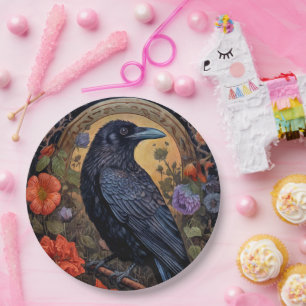 Black Raven with Flowers Gothic Design Paper Plate
