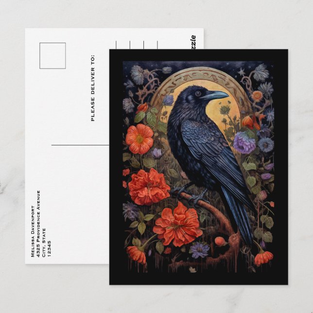 Black Raven with Flowers Gothic Design Postcard (Front/Back)