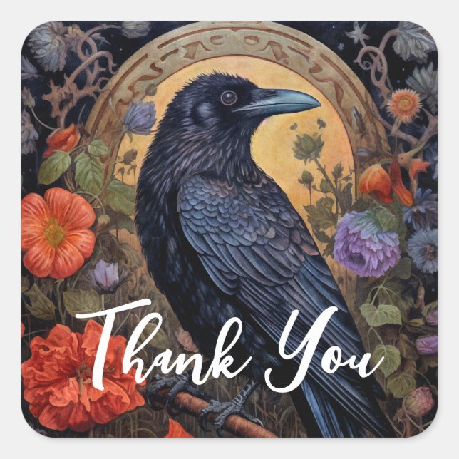 Black Raven with Flowers Gothic Design Thank You Square Sticker (Front)