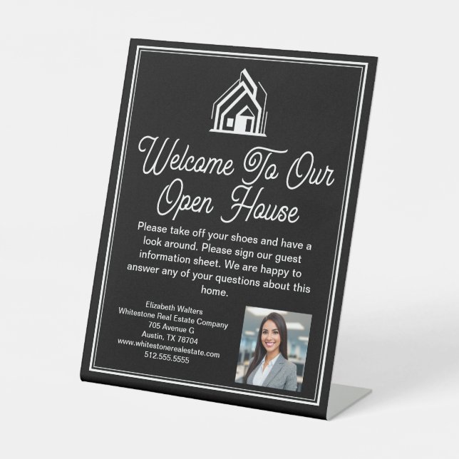 Black Real Estate Company Customized Open House Pedestal Sign (Front)