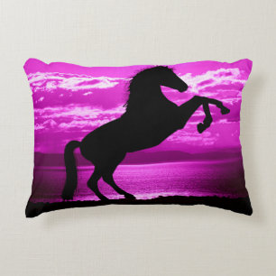 Black rearing horse with purple background pillow. accent pillow