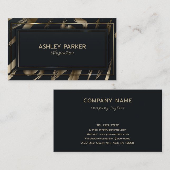 Black Rectangle Gold Brush  Business Card (Front/Back)