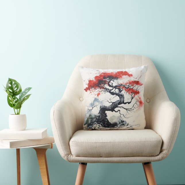 Black Red Abstract Tree Throw Pillow (Chair)