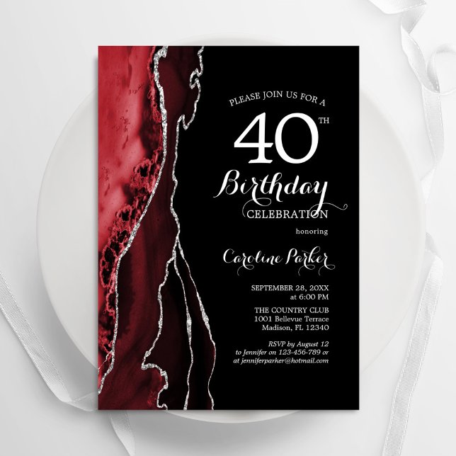 Black Red Agate 40th Birthday Invitation (Creator Uploaded)