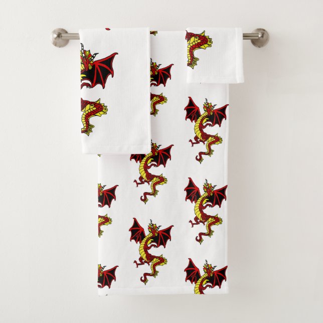 Black, Red, and Gold Dragon Bath Towel Set (Insitu)