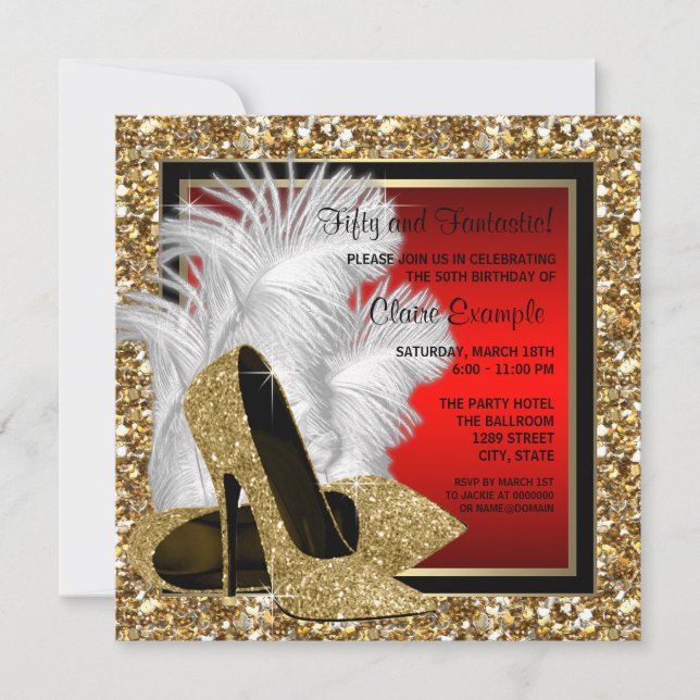 Black, Red and Gold High Heels Birthday Party Invitation (Front)