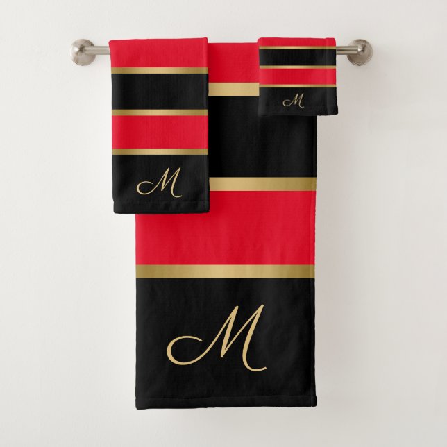 Black red and gold stripes pattern bath towel set (Insitu)