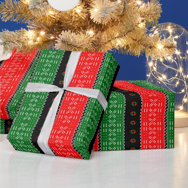 Black Red And Green Mudcloth Tribal Pattern Wrapping Paper (Holidays)