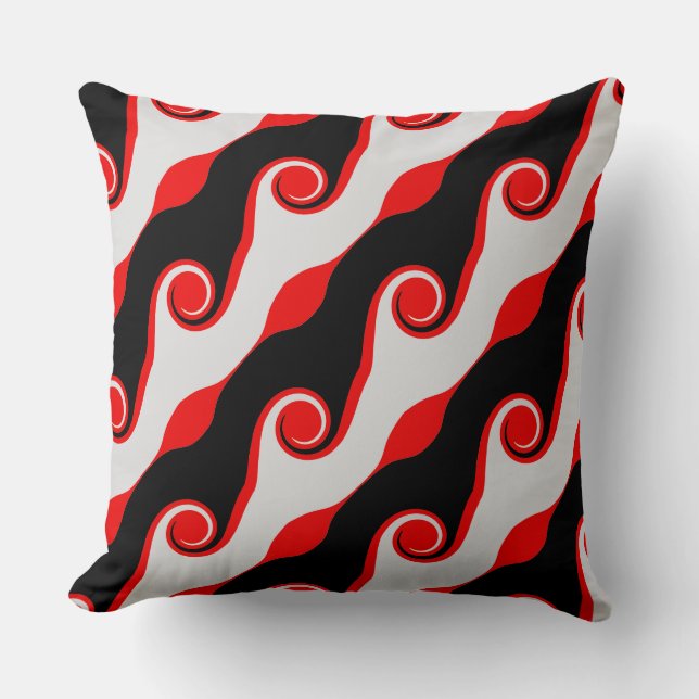 Black, Red and Silver Abstract Waves Throw Pillow (Front)