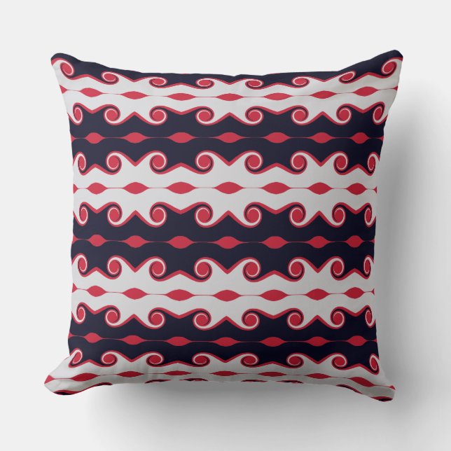 Black, Red and Silver Abstract Waves Throw Pillow (Front)