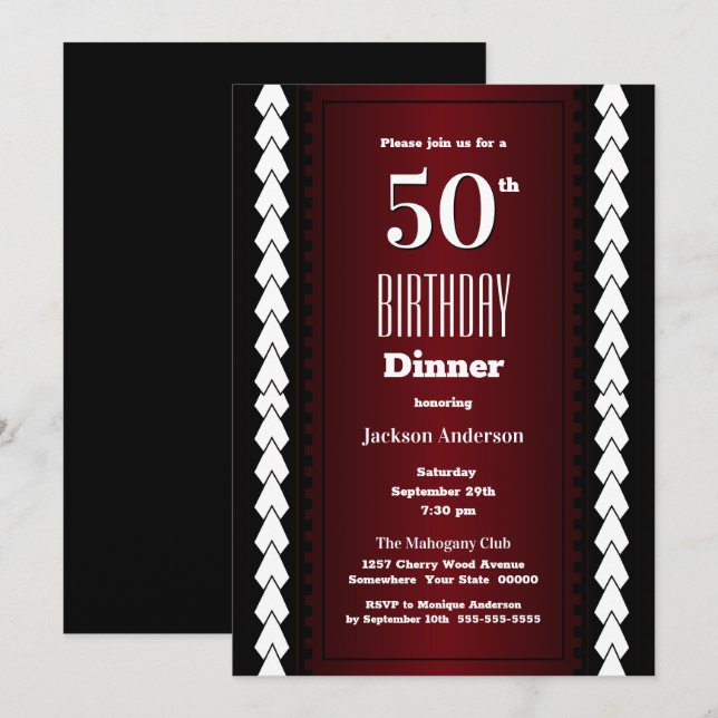 Black Red and White 50th Birthday Dinner Invitation (Front/Back)