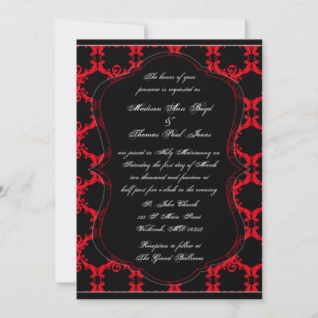 Black, Red, and White Damask Wedding Invitation (Front)