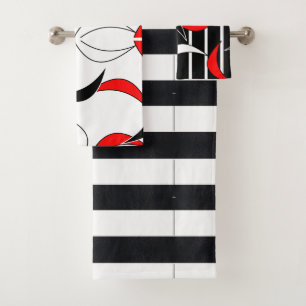 Black, red and white details bath towel set