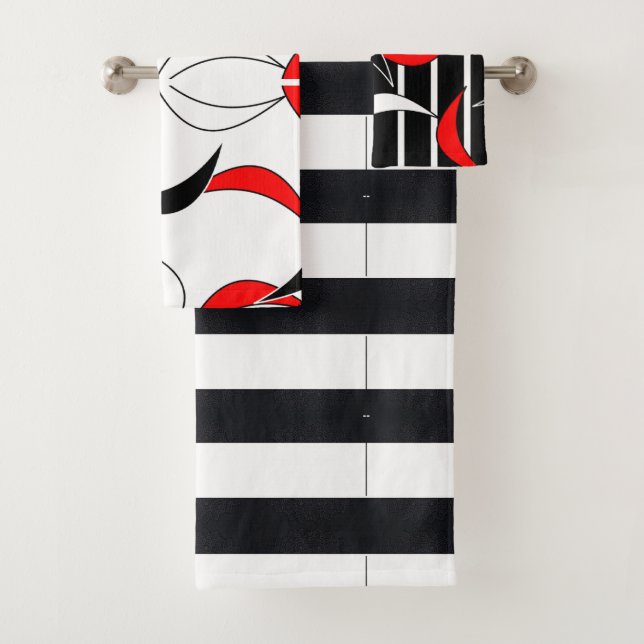 Black, red and white details bath towel set (Insitu)