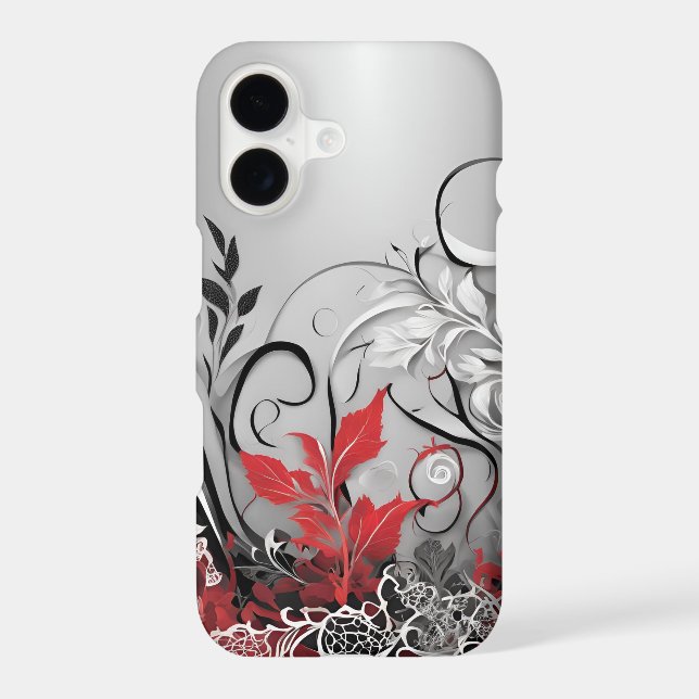 Black Red and White Leaf Swirl iPhone 17 case (Back)