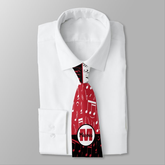 Black red and white music notes neck tie (Tied)