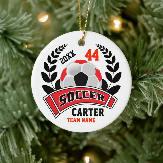 Black, Red and White Personalize Soccer  ⚽ Ceramic Ornament (Tree)
