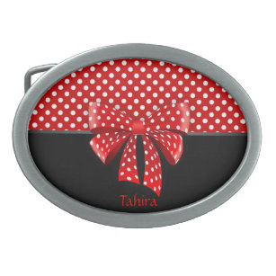 Black, Red and White Polka Dots Ribbon Oval Belt Buckle