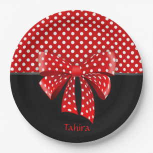 Black, Red and White Polka Dots Ribbon Paper Plate