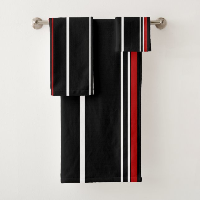 Black red and white stripes bath towel set (Insitu)