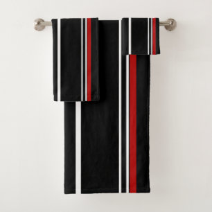 Black Red and White Stripes  Bath Towel Set