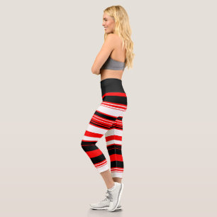 Black Red and White Stripes Capri Leggings