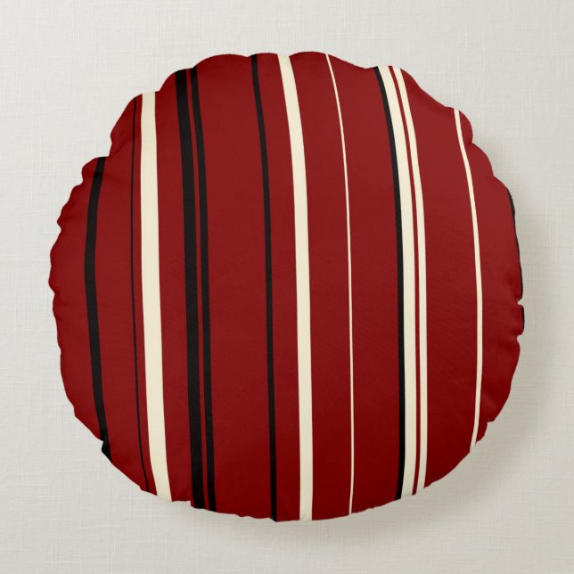 Black Red and White Stripes Round Pillow (Front)