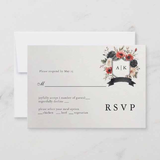 Black Red Anemone Coat of Arms Wedding RSVP Card (Front)