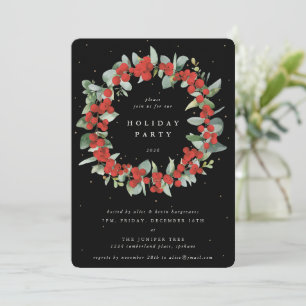 Black Red Berries+Eucalyptus Wreath Holiday Party Invitation