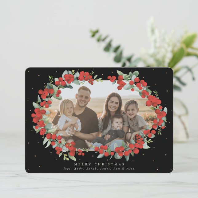 Black Red Berry + Eucalyptus Christmas Photo Holiday Card (Standing Front)