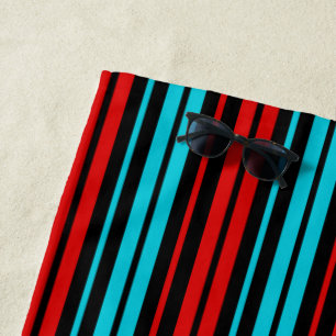 Black Red Blue Stripes Pattern Beach Towel