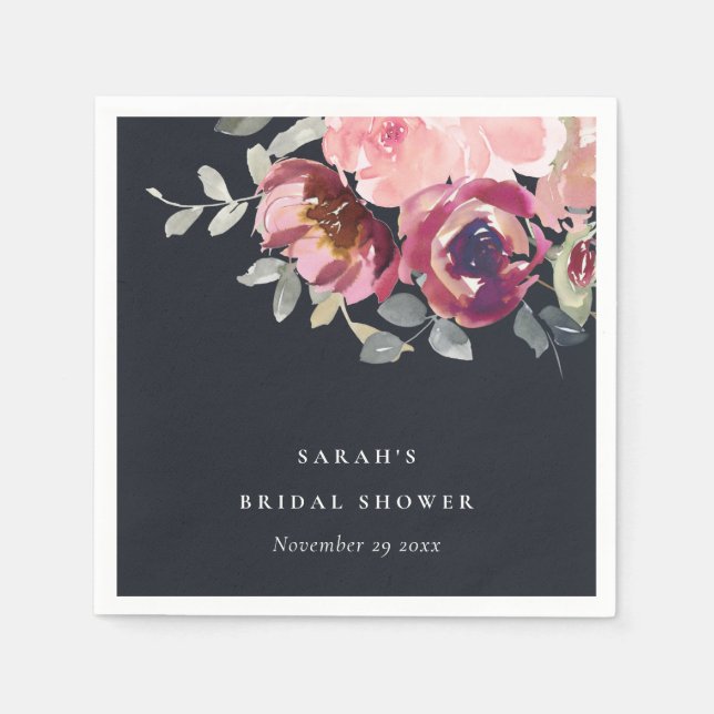 BLACK RED BLUSH BURGUNDY ROSE FLORAL BRIDAL SHOWER NAPKIN (Front)