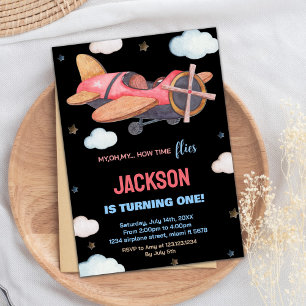 Black Red Brown Airplane Birthday Invitations
