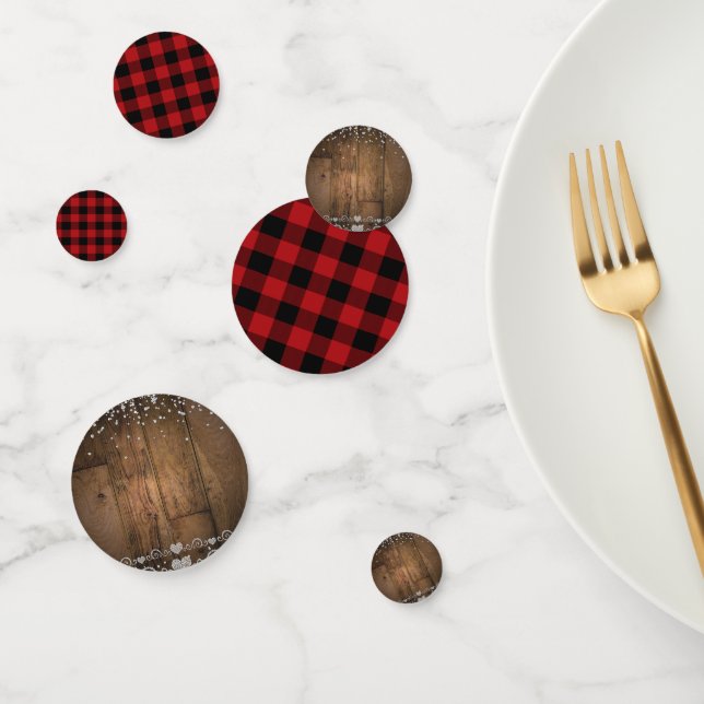 Black Red Buffalo Plaid Checkers Wood Bling Party Confetti (Group)